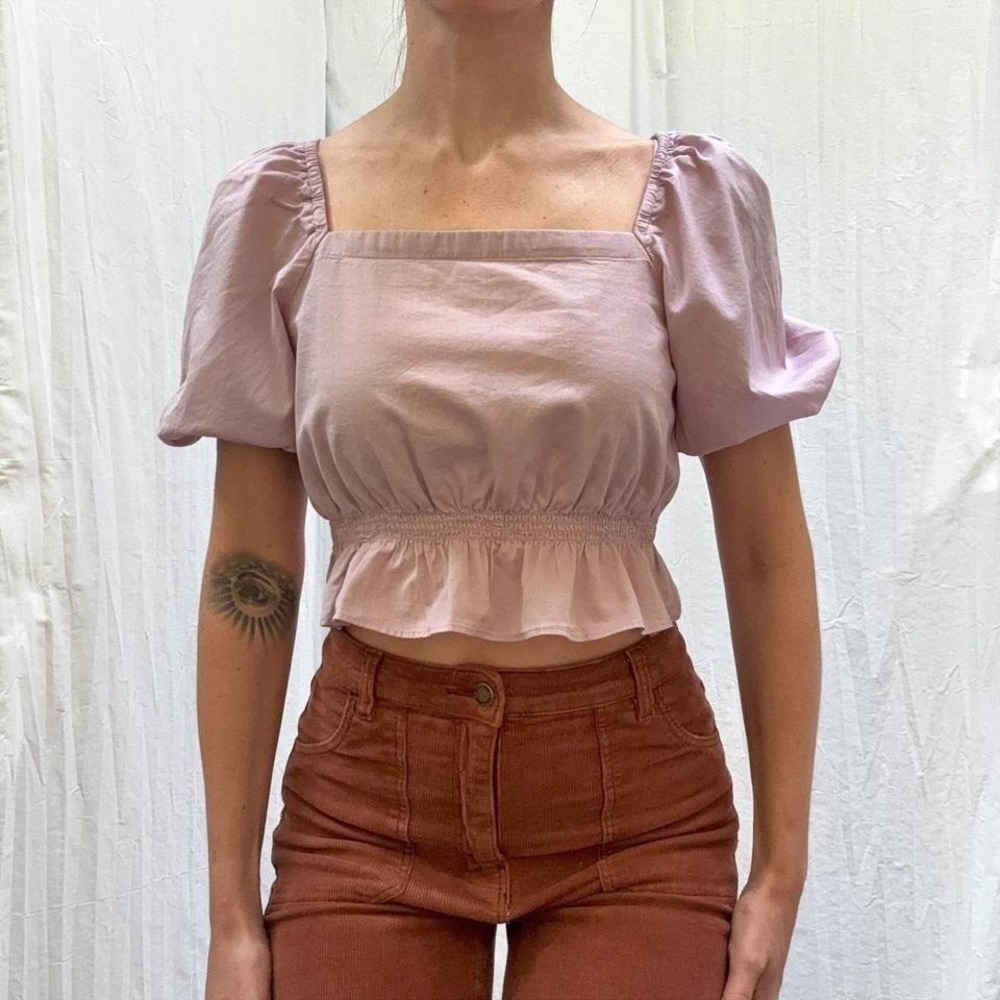 Lilac Purple Crop top With Square Neckline and Puffy Sleeves UNIQLO Size XS - Picture 2 of 8